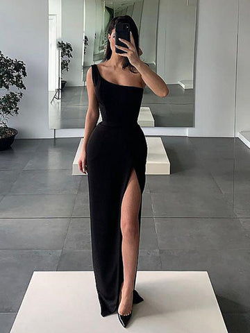 Black One Shoulder Prom Dress with High Leg Slit, One Shoulder Black High Slit Formal Evening Dresses