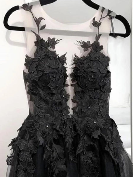 Black Tulle Lace Long Prom Dresses, Black Tulle Lace Formal Evening Dresses