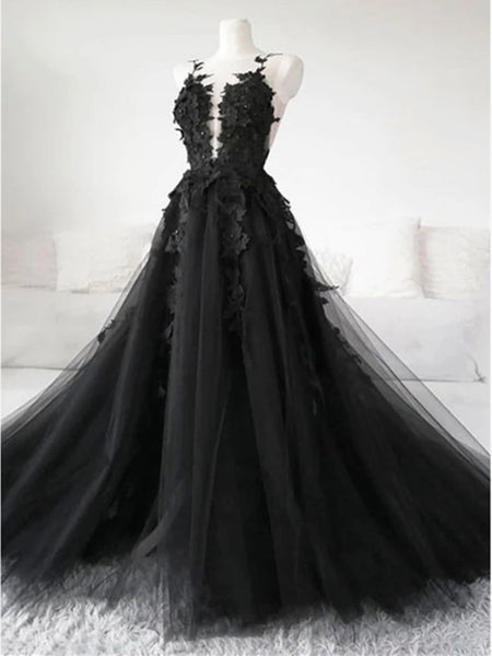 Black Tulle Lace Long Prom Dresses, Black Tulle Lace Formal Evening Dresses