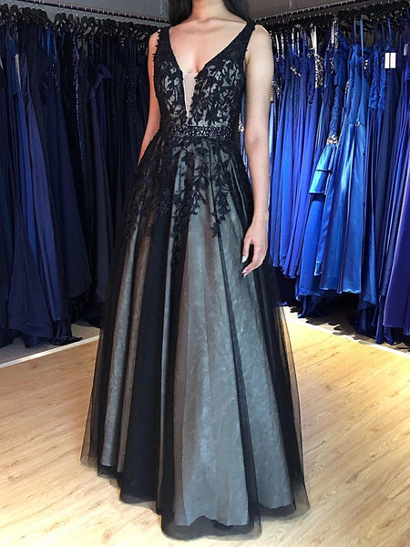 BLACK V NECK LACE LONG A LINE PROM DRESS EVENING DRESS    cg22032 main image 0