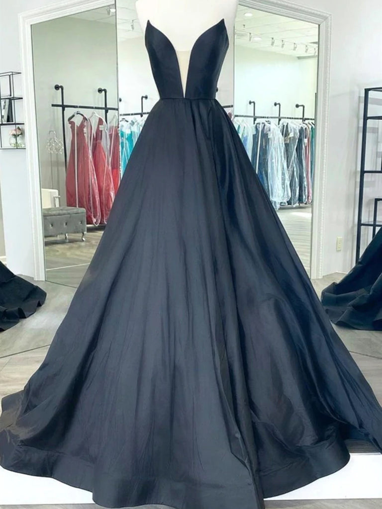 Black V Neck Satin Prom Dresses, Black V Neck Long Formal Graduation D jbydress Black V Neck Satin Prom Dresses, Black V Neck Long Formal Graduation D jbydress