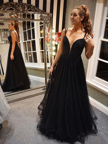 Black V Neck Backless Beaded Prom Dresses, Black Backless Formal Evening Dresses