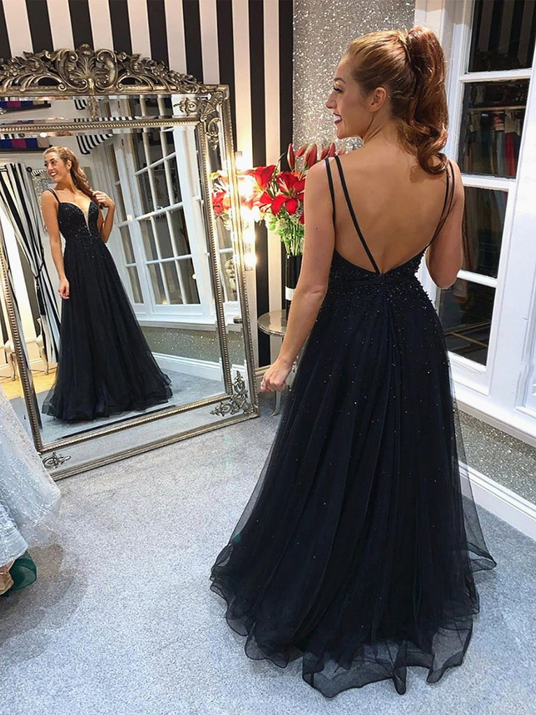 Black V Neck Backless Beaded Prom Dresses, Black Backless Formal Eveni jbydress Black V Neck Backless Beaded Prom Dresses, Black Backless Formal Eveni jbydress