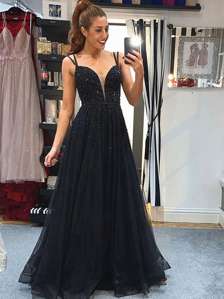Black V Neck Backless Beaded Prom Dresses, Black Backless Formal Eveni