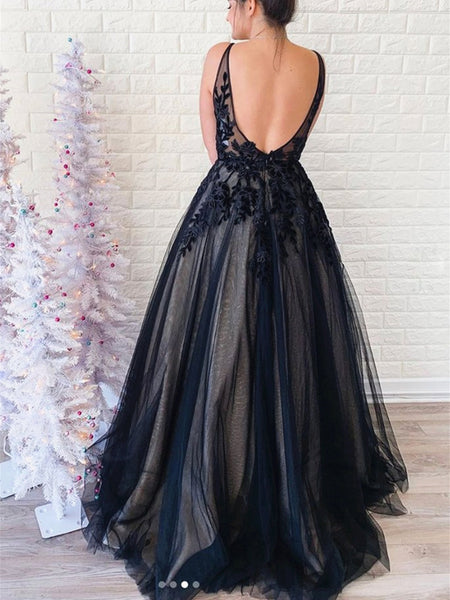 Black V Neck Backless Lace Prom Dresses, Backless Long Black Lace Formal Evening Graduation Dresses