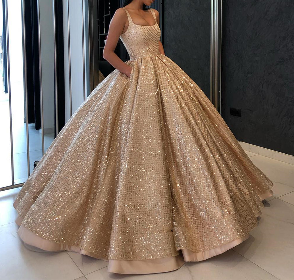 Bling Bling Gold Sequins Prom Gown with Pockets, Golden Formal Evening jbydress Bling Bling Gold Sequins Prom Gown with Pockets, Golden Formal Evening jbydress