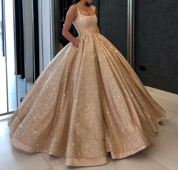 Bling Bling Gold Sequins Prom Gown with Pockets, Golden Formal Evening Gown