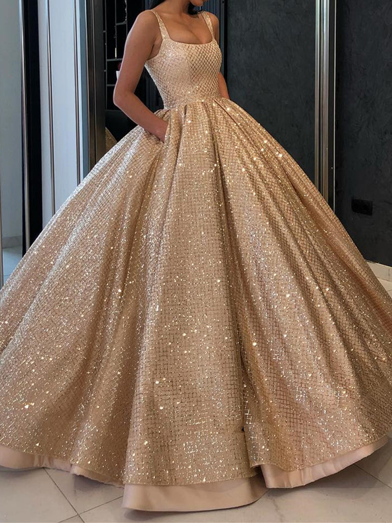Bling Bling Gold Sequins Prom Gown with Pockets, Golden Formal Evening jbydress Bling Bling Gold Sequins Prom Gown with Pockets, Golden Formal Evening jbydress