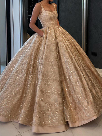 Bling Bling Gold Sequins Prom Gown with Pockets, Golden Formal Evening Gown