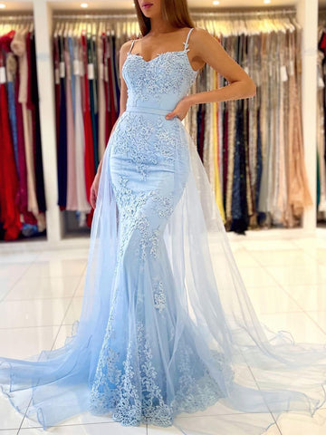 Blue Lace Mermaid Long Prom Dresses, Blue Lace Mermaid Long Formal Evening Dresses