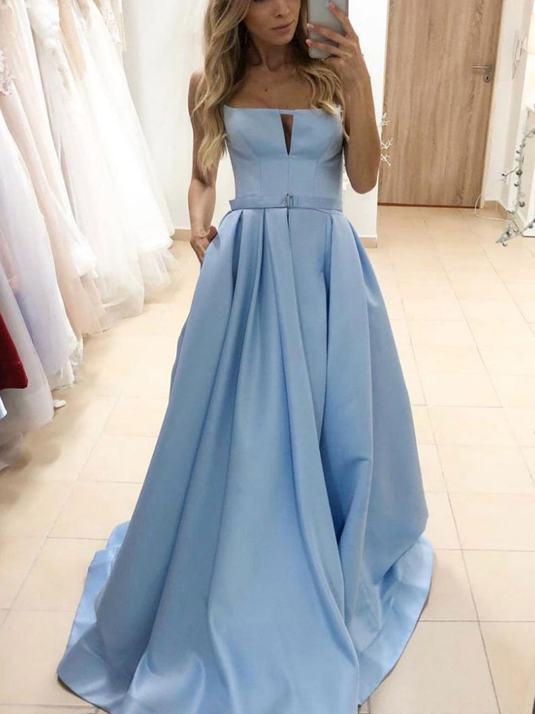 Blue Satin Long Prom Dresses, Blue Satin Long Formal Evening Dresses