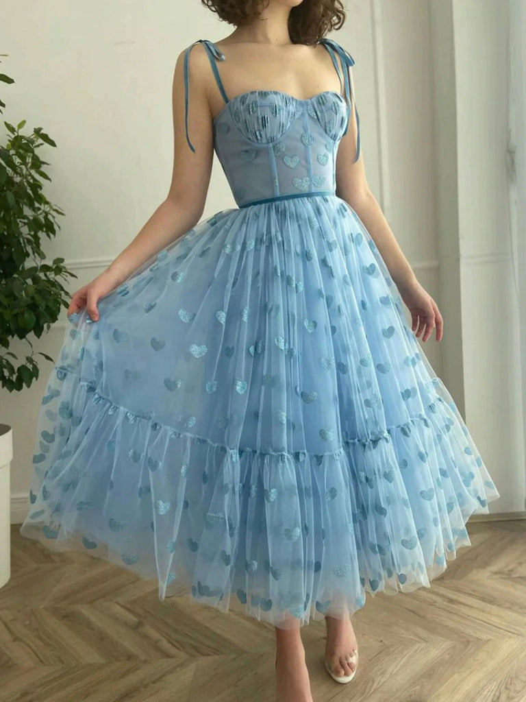 Blue Tea Length Tulle Prom Dresses, Blue Tea Length Formal Graduation jbydress Blue Tea Length Tulle Prom Dresses, Blue Tea Length Formal Graduation jbydress