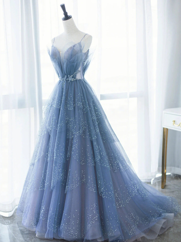 Blue Tulle Puffy Long Prom Dresses, Blue Tulle Long Formal Evening Dre jbydress Blue Tulle Puffy Long Prom Dresses, Blue Tulle Long Formal Evening Dre jbydress