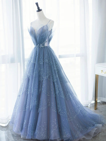 Blue Tulle Puffy Long Prom Dresses, Blue Tulle Long Formal Evening Dresses