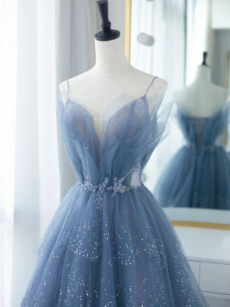 Blue Tulle Puffy Long Prom Dresses, Blue Tulle Long Formal Evening Dresses