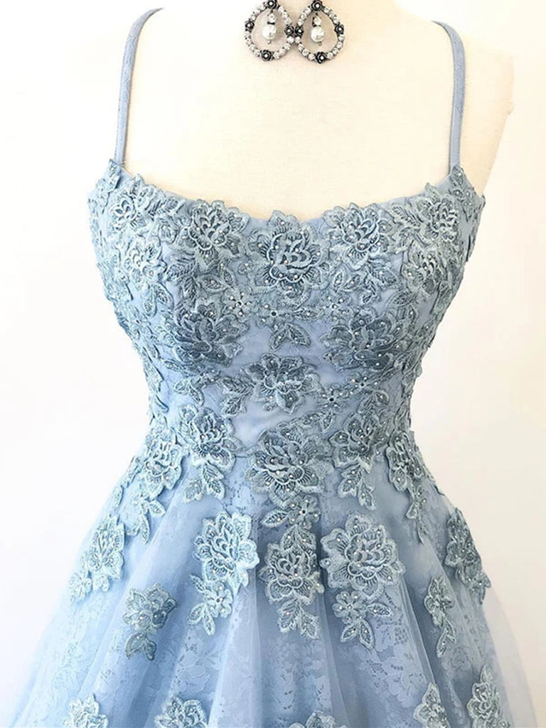 Blue Backless Lace Prom Dresses, Open Back Blue Lace Formal Evening Gr