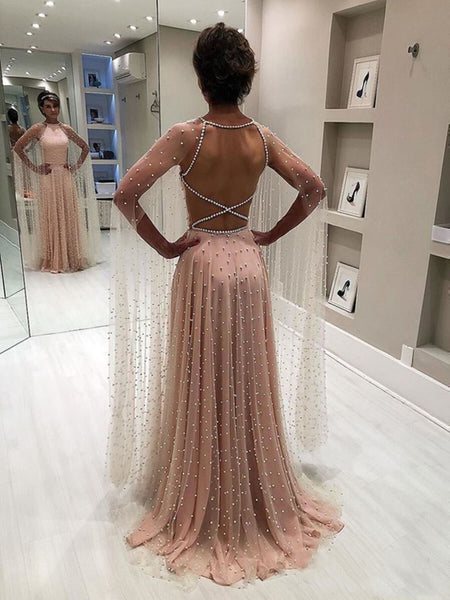 Blush Pink Backless Long Prom Dresses, Dusty Pink Open Back Formal Eve