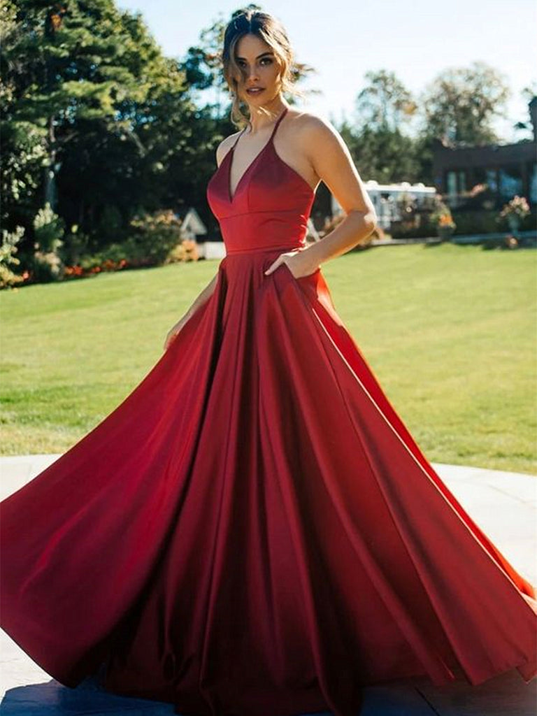 v neck burgundy prom dress Burgundy A Line Deep V Neck Evening Dress with Beadings and Sequins Floor Length Prom Dress ARD2546
