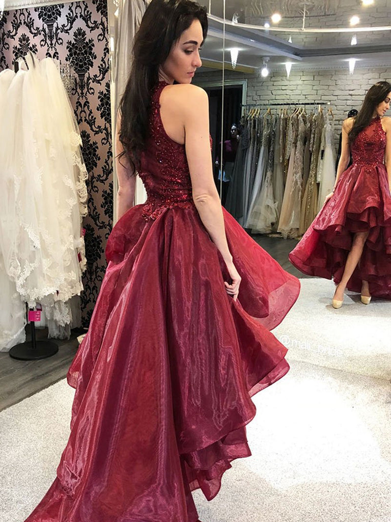 Burgundy High Low Lace Prom Dresses, Wine Red High Low Lace Formal