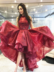 Burgundy High Low Lace Prom Dresses, Wine Red High Low Lace Formal Evening  Dresses