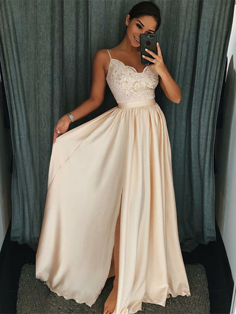 V Neck Champagne Lace Prom Dresses, Long Champagne Lace Formal Evening –  jbydress