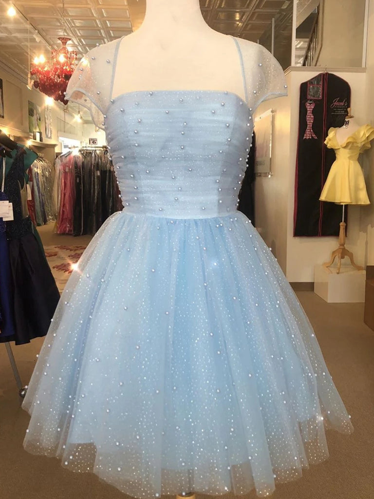 Cap Sleeves Short Beaded Prom Dresses, Short Blue White Yellow Graduat jbydress Cap Sleeves Short Beaded Prom Dresses, Short Blue White Yellow Graduat jbydress
