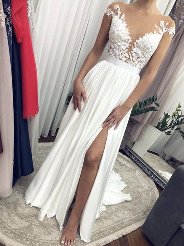 Cap Sleeves White Lace Wedding Dress, Cap Sleeves White Lace Formal Evening Prom Dresses