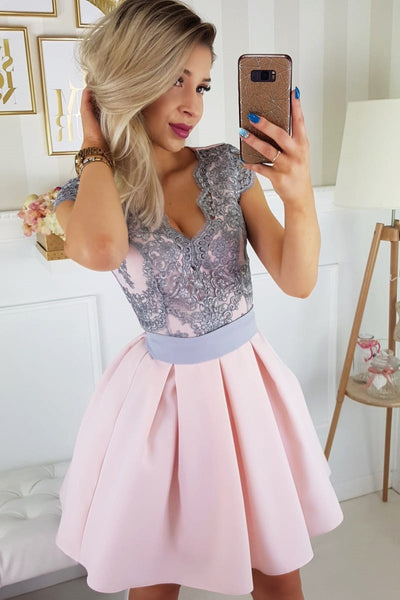 Cap Sleeves Short Pink Prom Dress with Gray Lace, Short Pink Lace Formal Graduation Homecoming Dresses