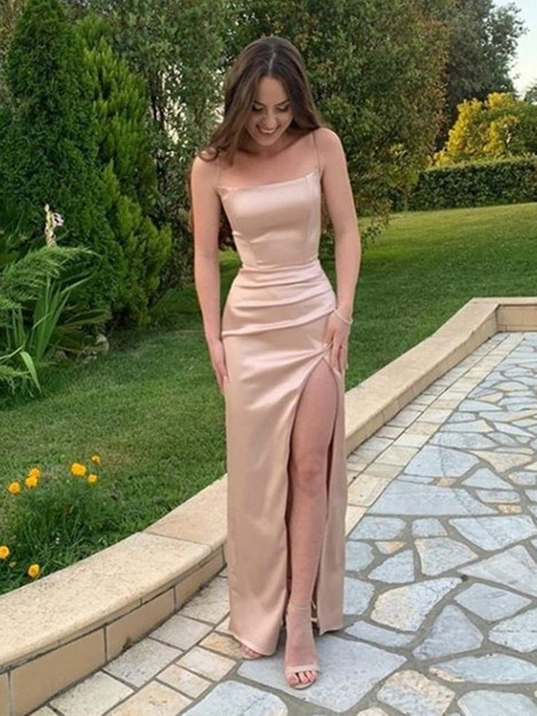 Champagne Long Prom Dress with High Slit, Champagne Long Formal Graduation Dresses
