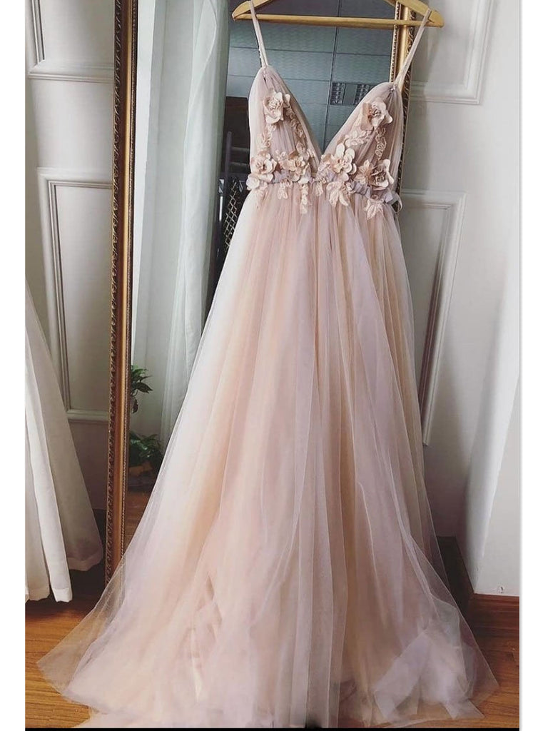 Champagne V Neck Tulle Floral Wedding Dresses, Champagne V Neck Tulle jbydress Champagne V Neck Tulle Floral Wedding Dresses, Champagne V Neck Tulle jbydress