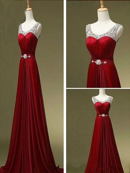 Custom Made A Line Dark Red Round Neck Long Prom Dresses, Bridesmaid Dresses, Formal Dresses