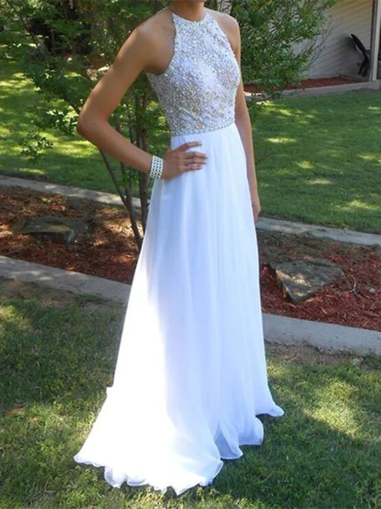 Custom Made A Line High Neck White Long Prom Dresses. White Formal Dre
