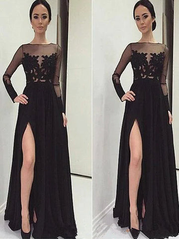 Custom Made A Line Long Sleeves Black Lace Prom Dresses, Black Lace Formal Dresses