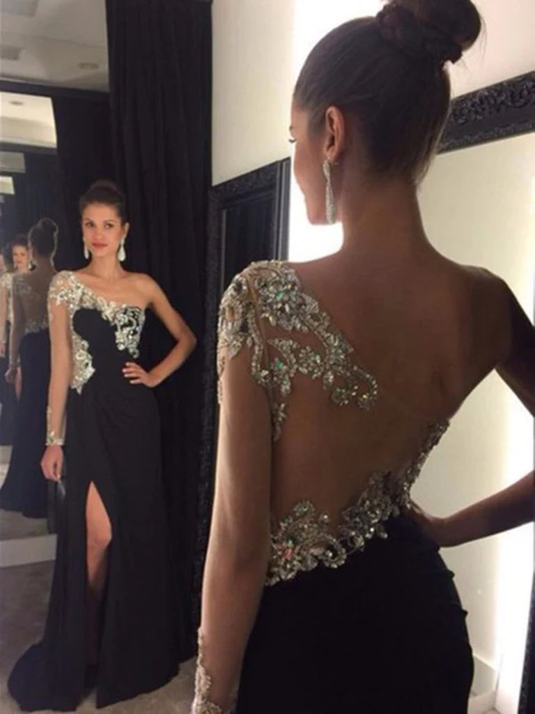 Custom Made A Line One Shoulder Black Backless Prom Dress, Black Backless Formal Dress