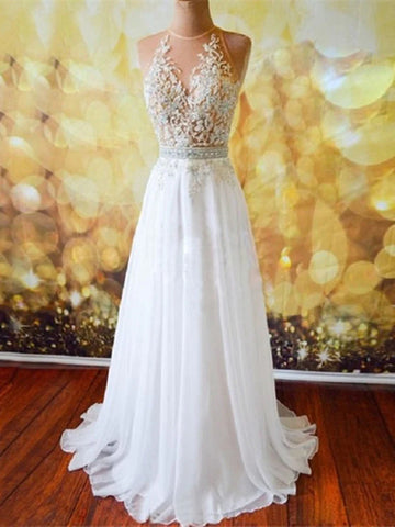 Custom Made A Line Open Back White Long Prom Dresses with Lace Appliques, Open Back Formal Dresses