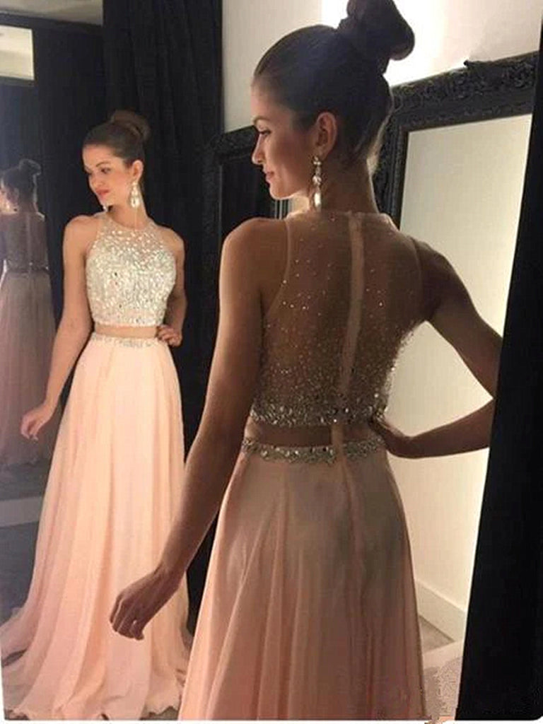 Custom Made A Line Round Neck 2 Pieces Sleeveless Pink Floor Length Prom Dress, Pink Long Formal Dress, Pink Evening Dress