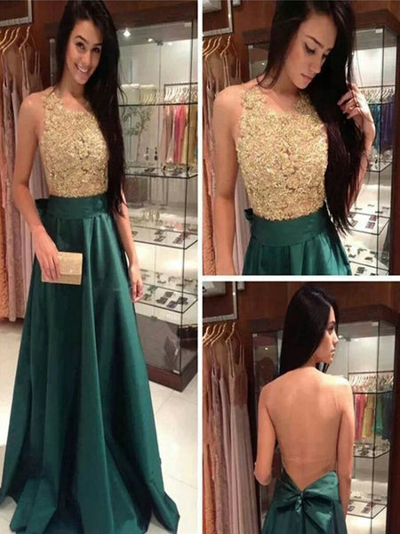Custom Made A Line Round Neck Backless Green and Golden Long Prom Dress, Golden and Green Formal Dress