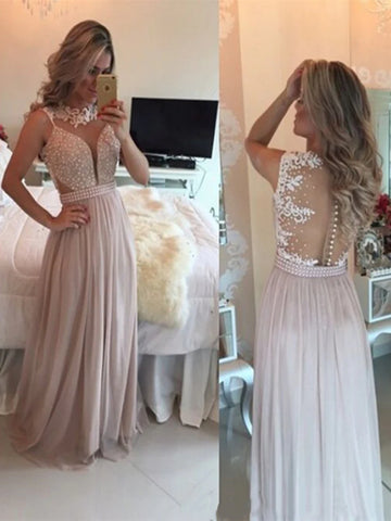 Custom Made A Line Round Neck Floor Length Lace Champagne Prom Dress, Long Lace Formal Dress