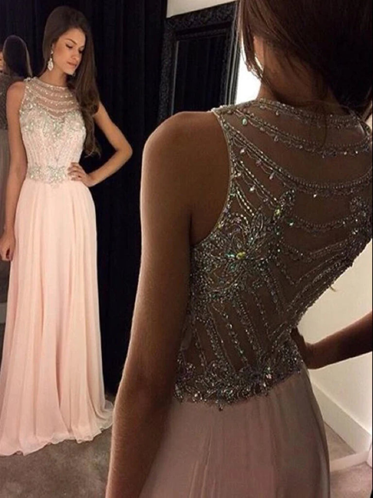Custom Made A Line Round Neck Sleeveless Long Pink Prom Dresses, Pink Formal Dresses