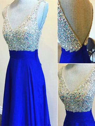 Custom Made A Line V Neck Backless Floor Length Royal Blue Prom Dresses, Blue Formal Dresses, Blue Bridesmaid Dresses