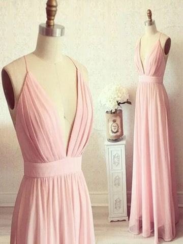Custom Made A Line V Neck Backless Pink Long Prom Dress, V Neck Backless Formal Dress, Bridesmaid Dress