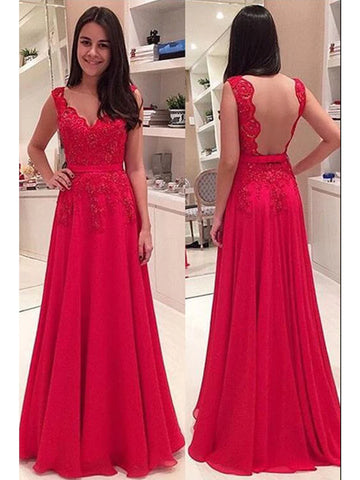 Custom Made A Line V Neck Backless Red Lace Prom Dresses, Red Lace Formal Dresses