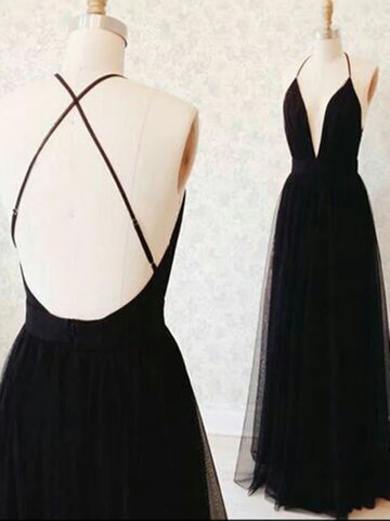 Custom Made A Line V Neck Black Backless Prom Dresses, Black Backless Formal Dresses, Bridesmaid Dresses