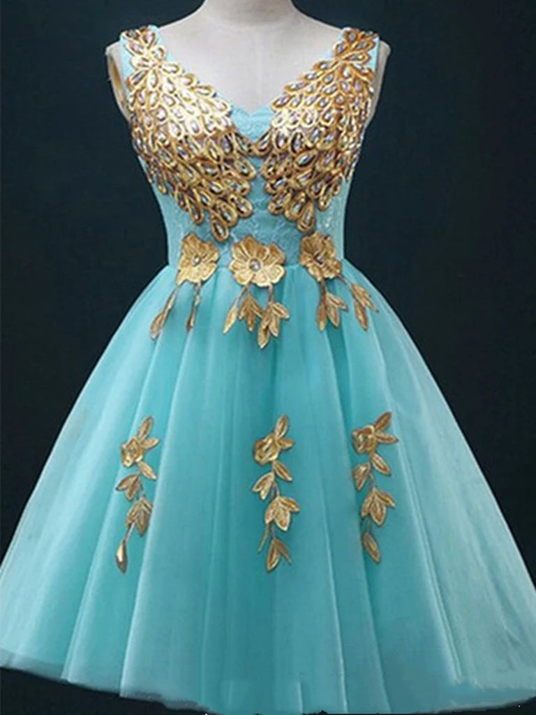 Custom Made A Line V Neck Light Blue Short Tulle Prom Dresses