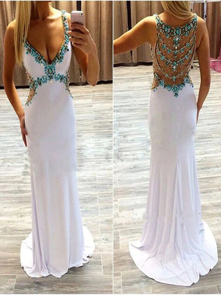 Custom Made A Line V Neck Sleeveless White Long Prom Dresses, White Lo