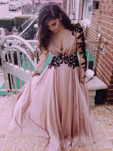 Custom Made Dusty Pink Deep V Neck Long Sleeves Lace Prom Dresses, Formal Dresses, Party Dresses