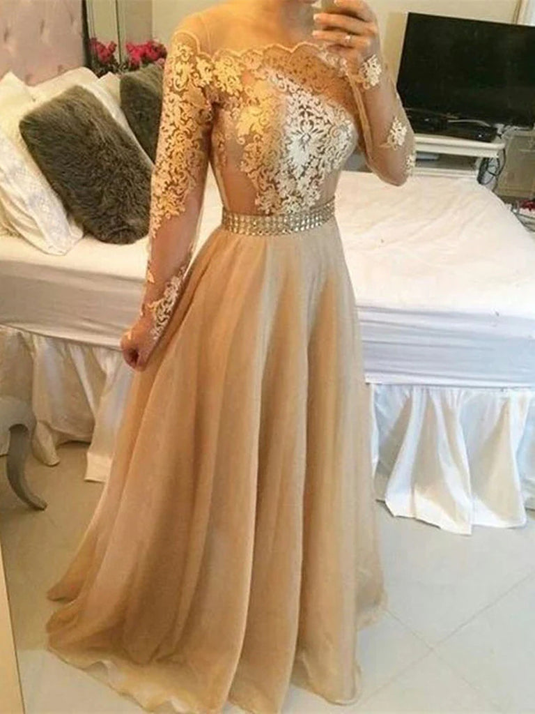 Custom Made Golden Long Sleeves Lace Prom Dresses, Golden Lace Formal jbydress Custom Made Golden Long Sleeves Lace Prom Dresses, Golden Lace Formal jbydress