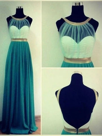 Custom Made Green And Gold Round Neckline Backless Prom Dresses, Long Green Formal Dresses