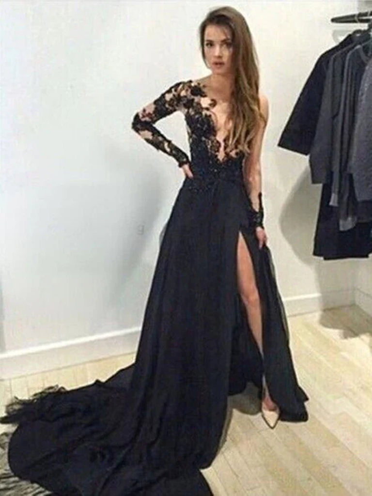 Custom Made Long Sleeves Black Lace Prom Dresses With Train, Black Lace Formal Dresses
