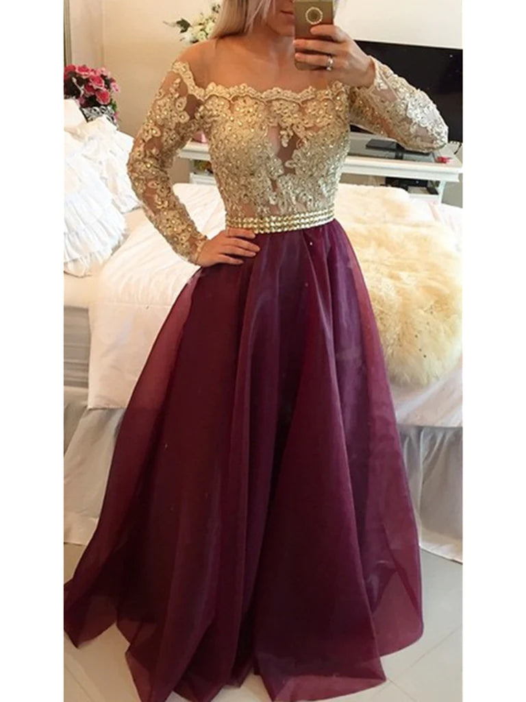 Custom Made Long Sleeves Maroon Prom Dress with Golden Top, Maroon And jbydress Custom Made Long Sleeves Maroon Prom Dress with Golden Top, Maroon And jbydress